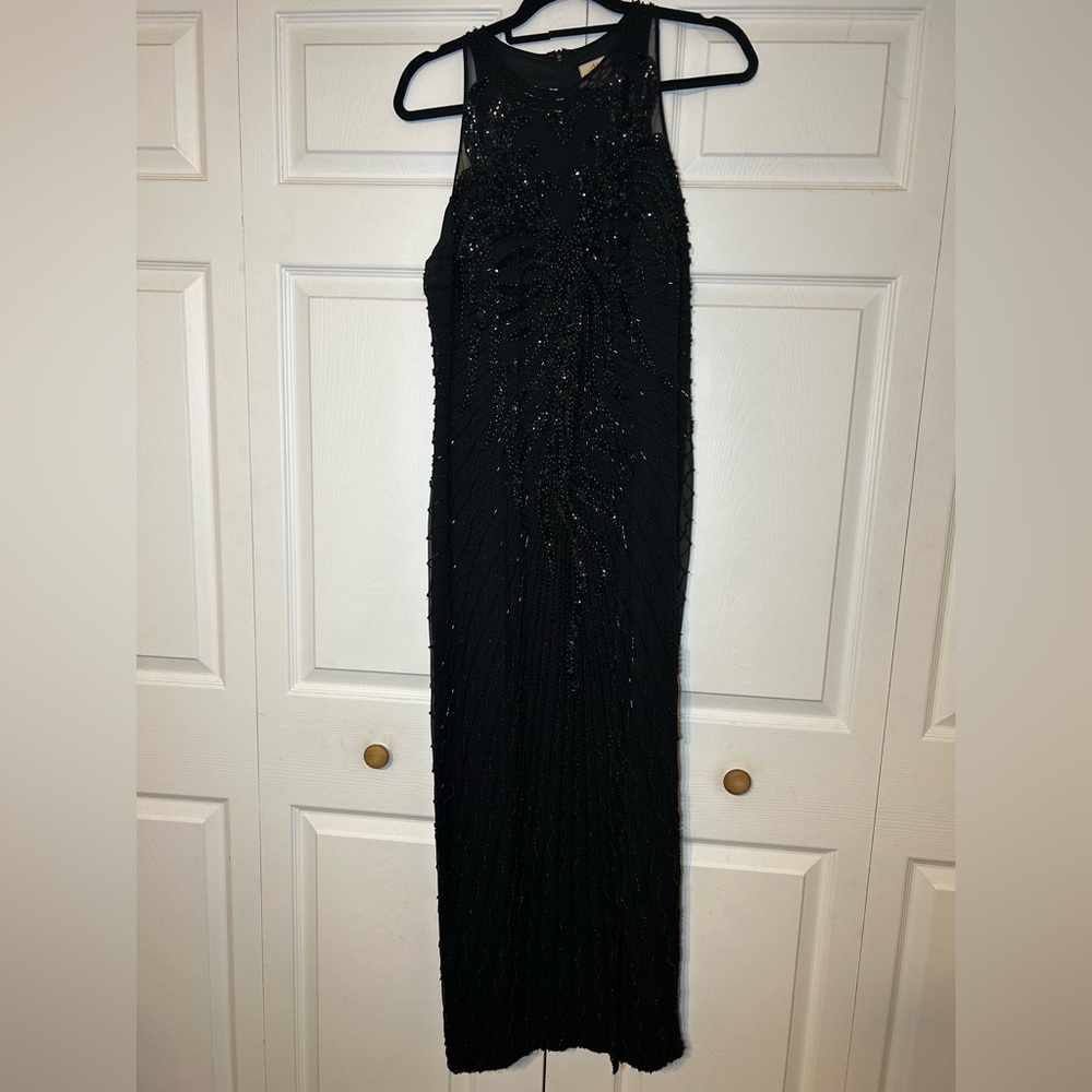 Vintage Alyce Designs Women’s 16 Black Silk Beaded Evening Formal Gown Slit